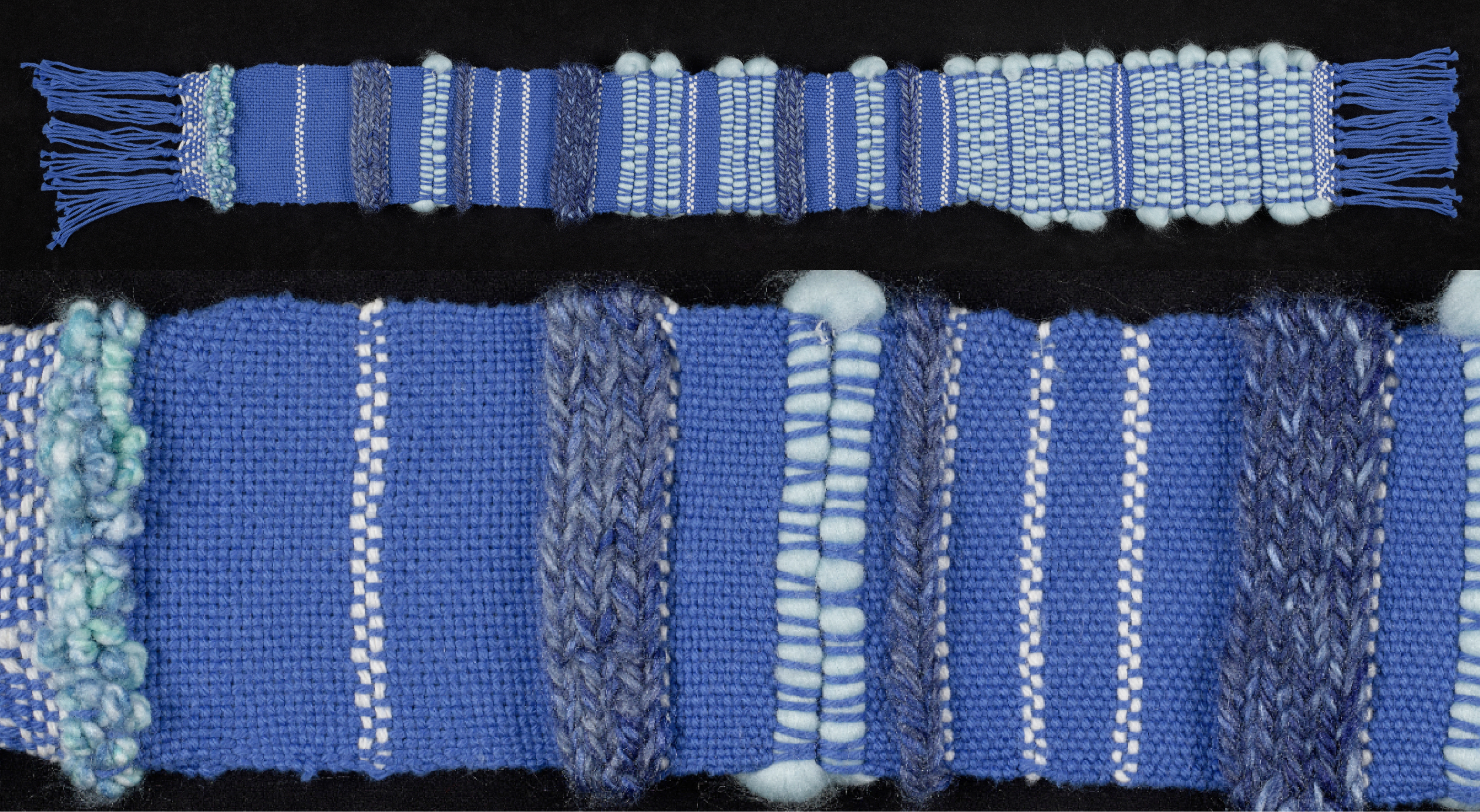 Composite of two images from the high resolution image shown in the deep zoom viewer: one showing the full length of the woven piece, and another with a close-up showing the threads and different weaving patterns.