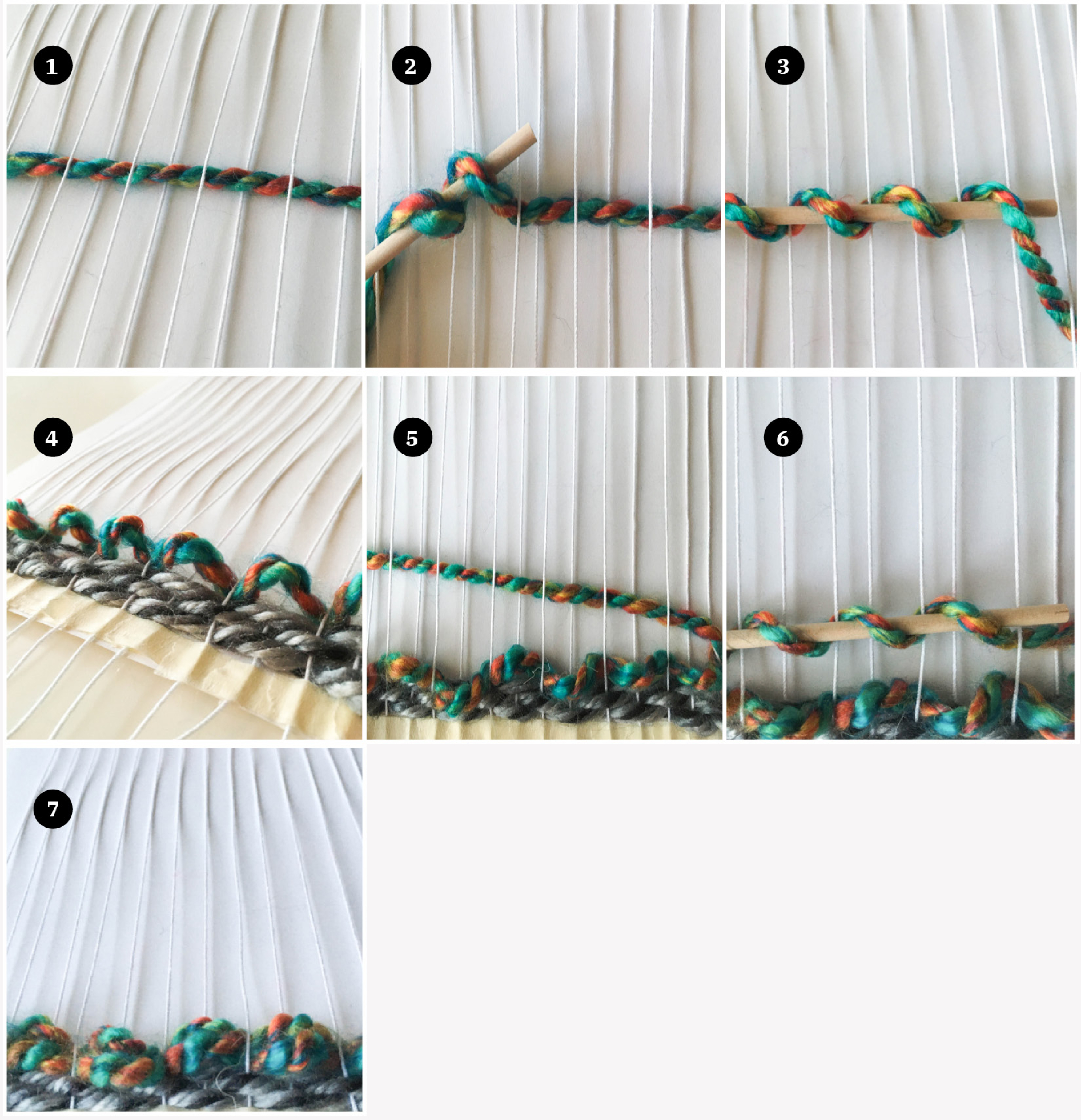 Composite of seven images showing various stages of weaving.