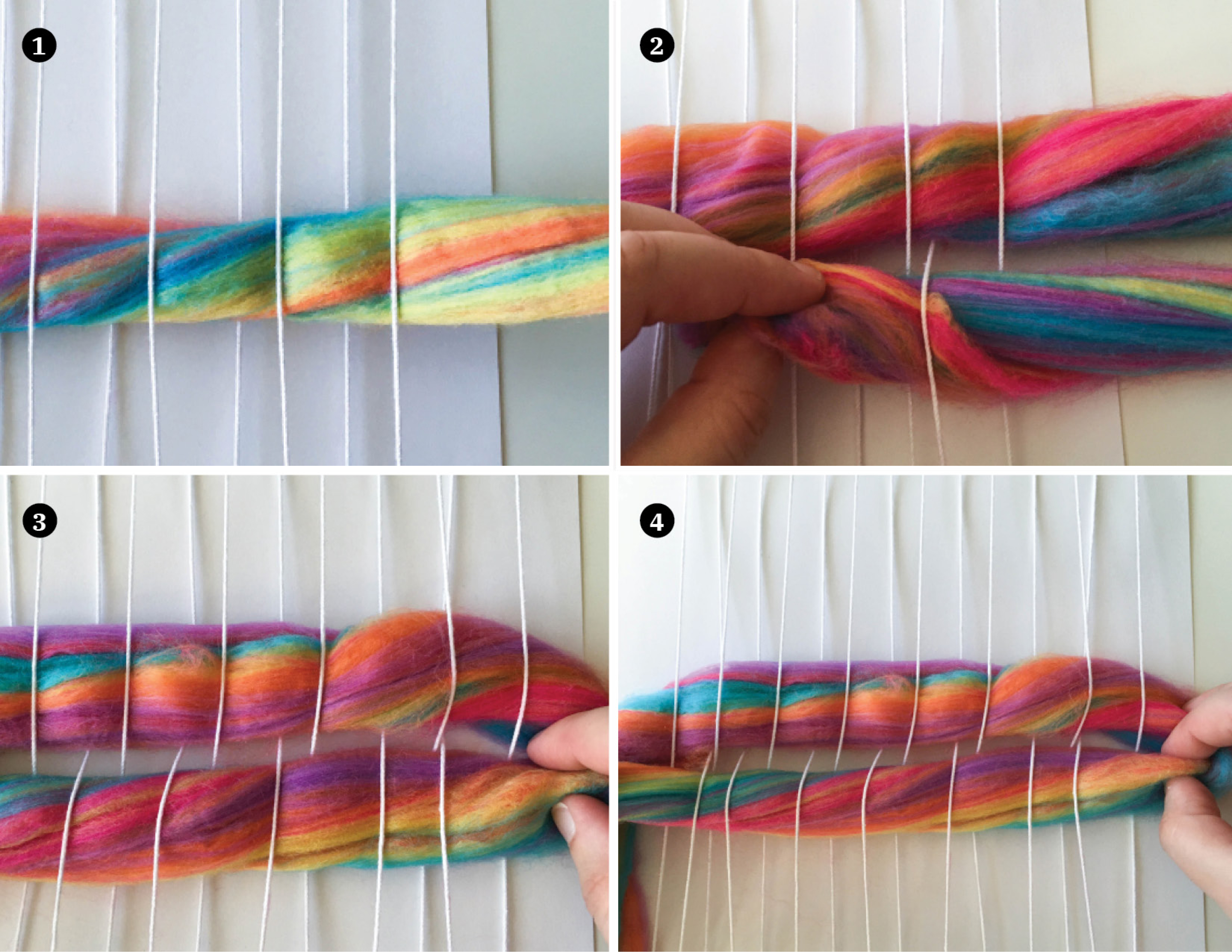 Composite of four images showing various stages of weaving.