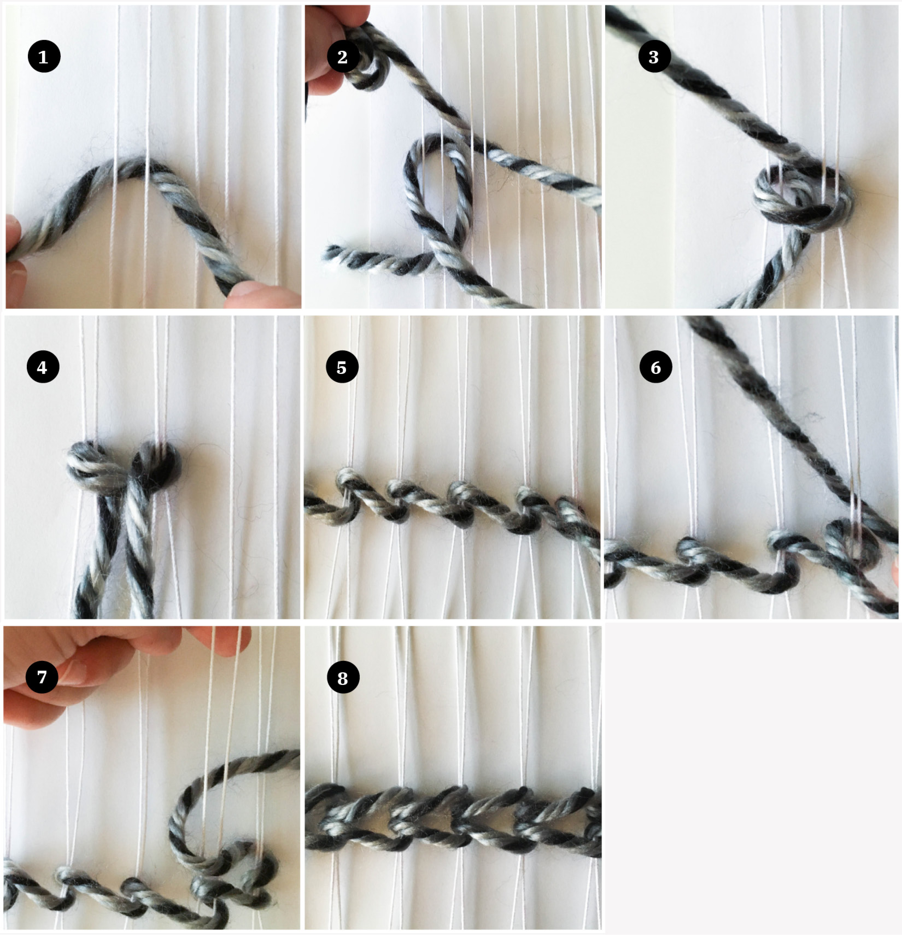 Composite of eight images showing various stages of weaving.