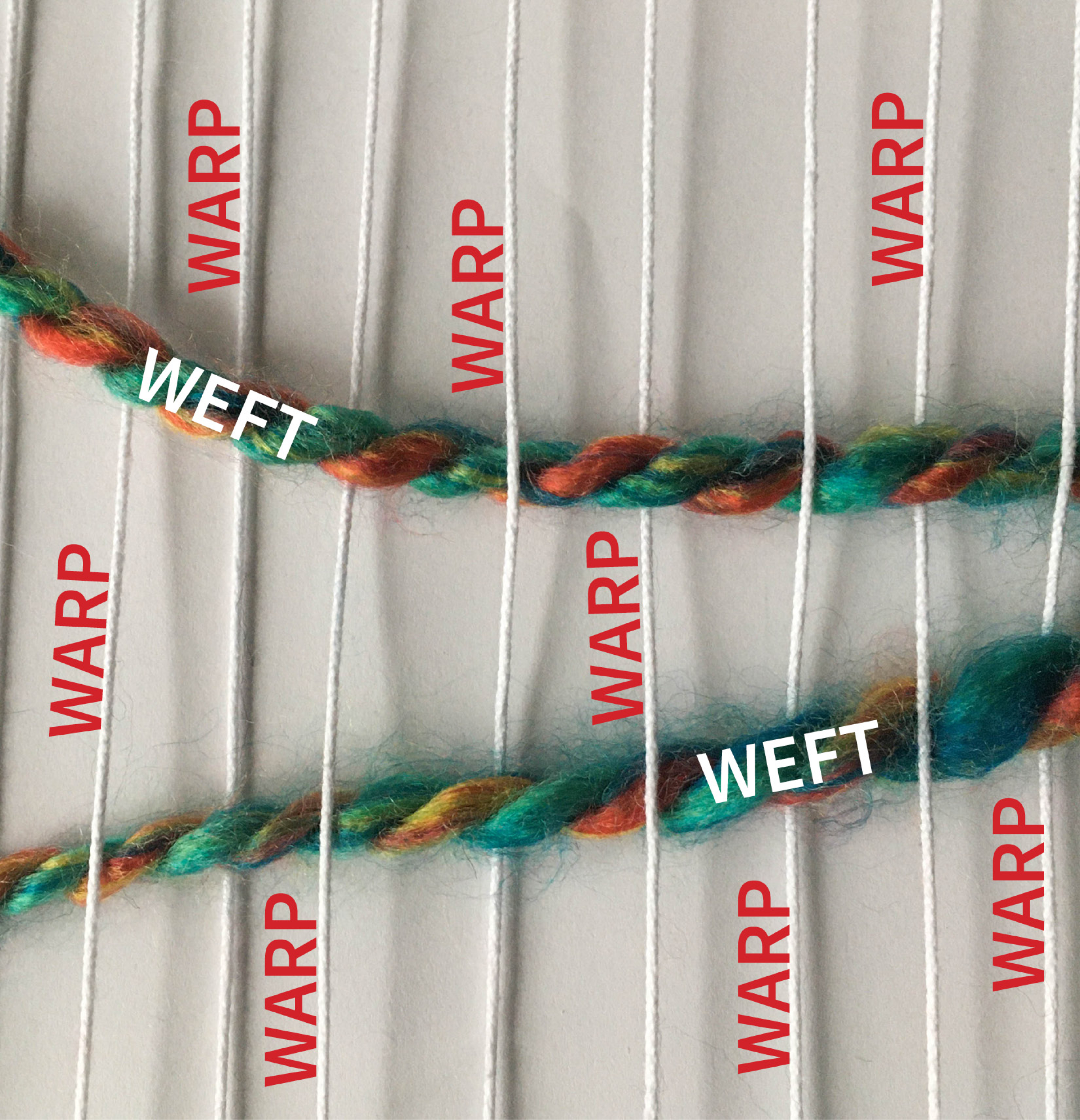 Close-up of crossed yarn with vertical threads labeled “warp” and horizontal yarns threads labeled “weft”.