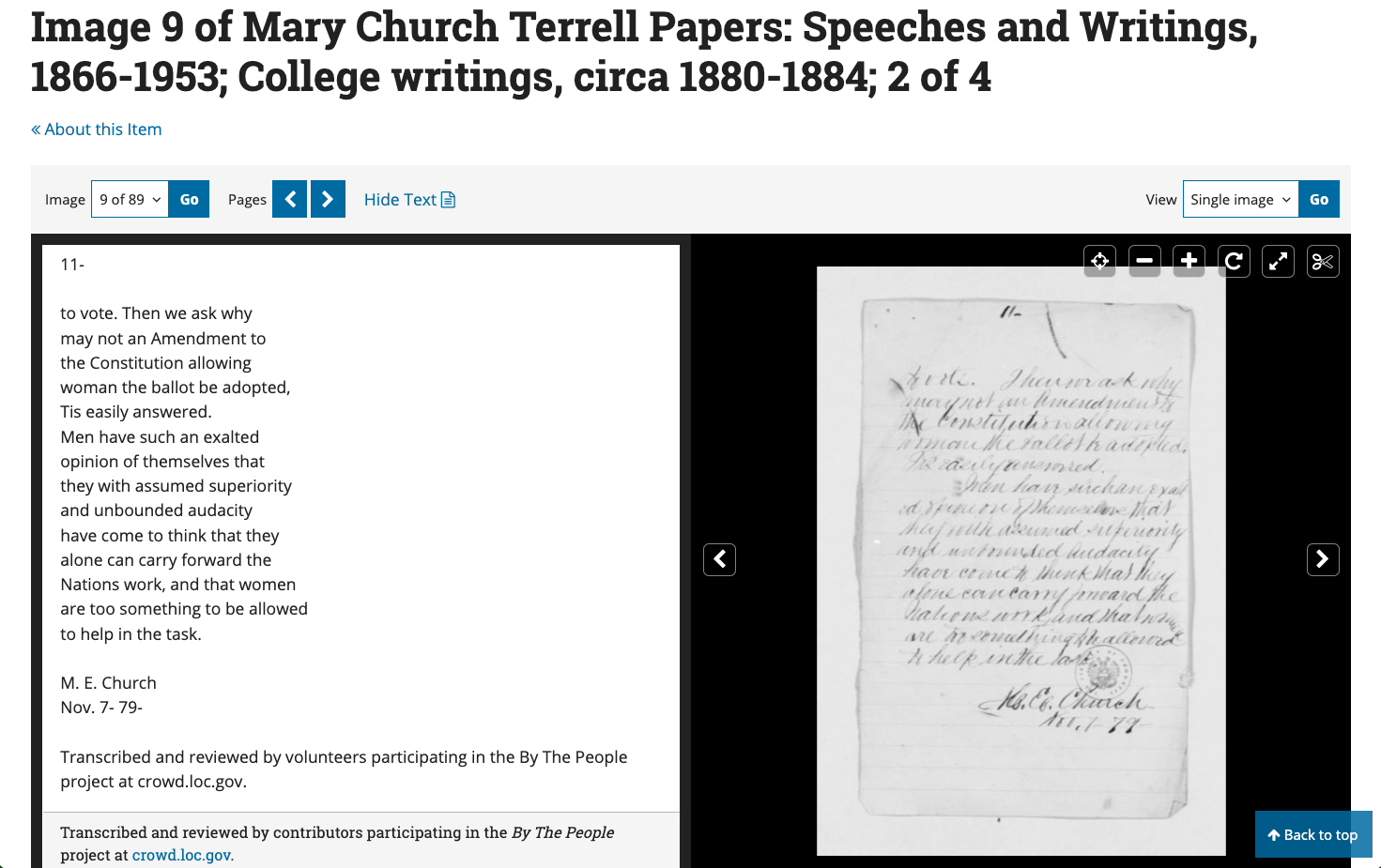 Screenshot from By the People transcription project, showing a manuscript page from the Mary Church Terrell Papers and a user's transcription of that document's text.
