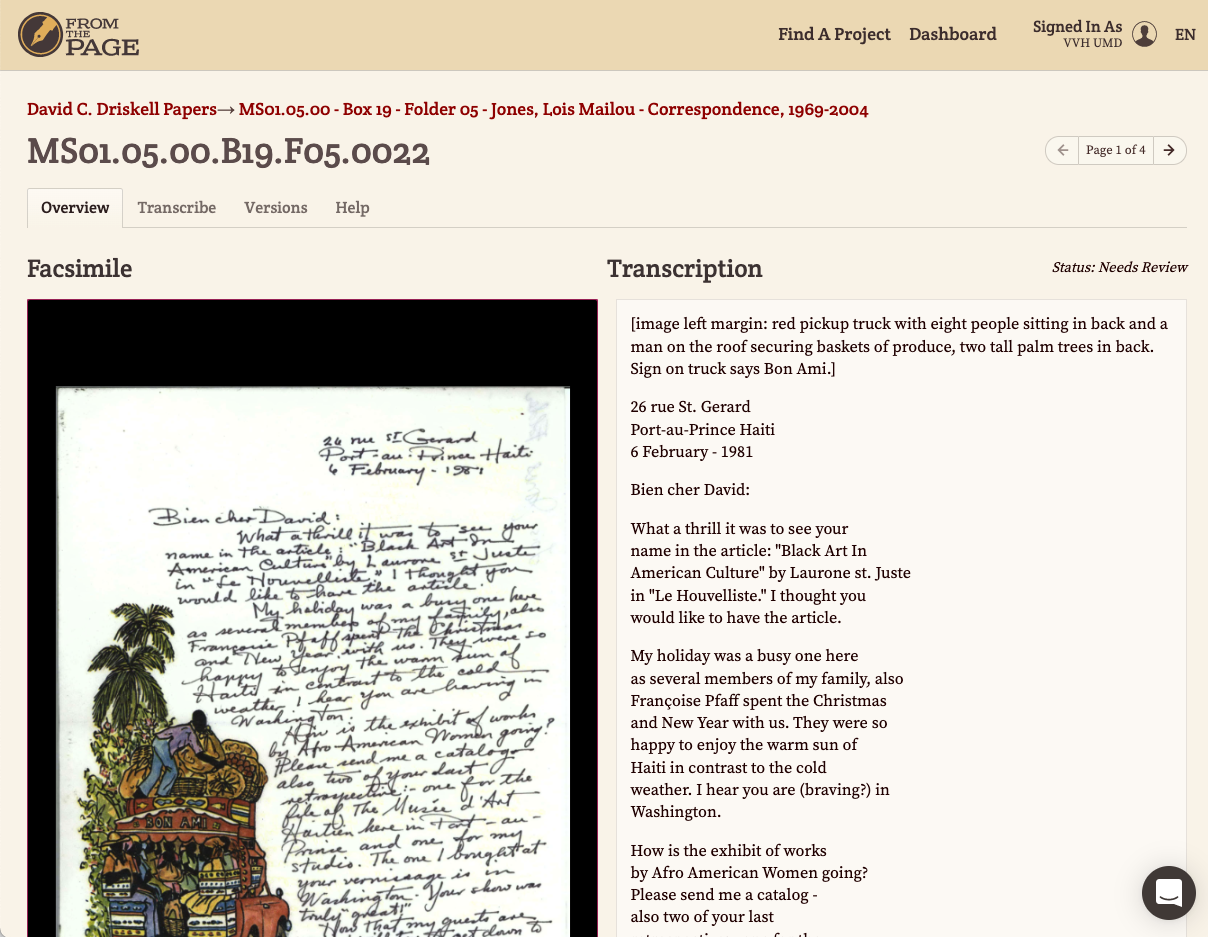 Screenshot of a transcribed letter from the David C. Driskell Papers Project, using the From the Page platform.