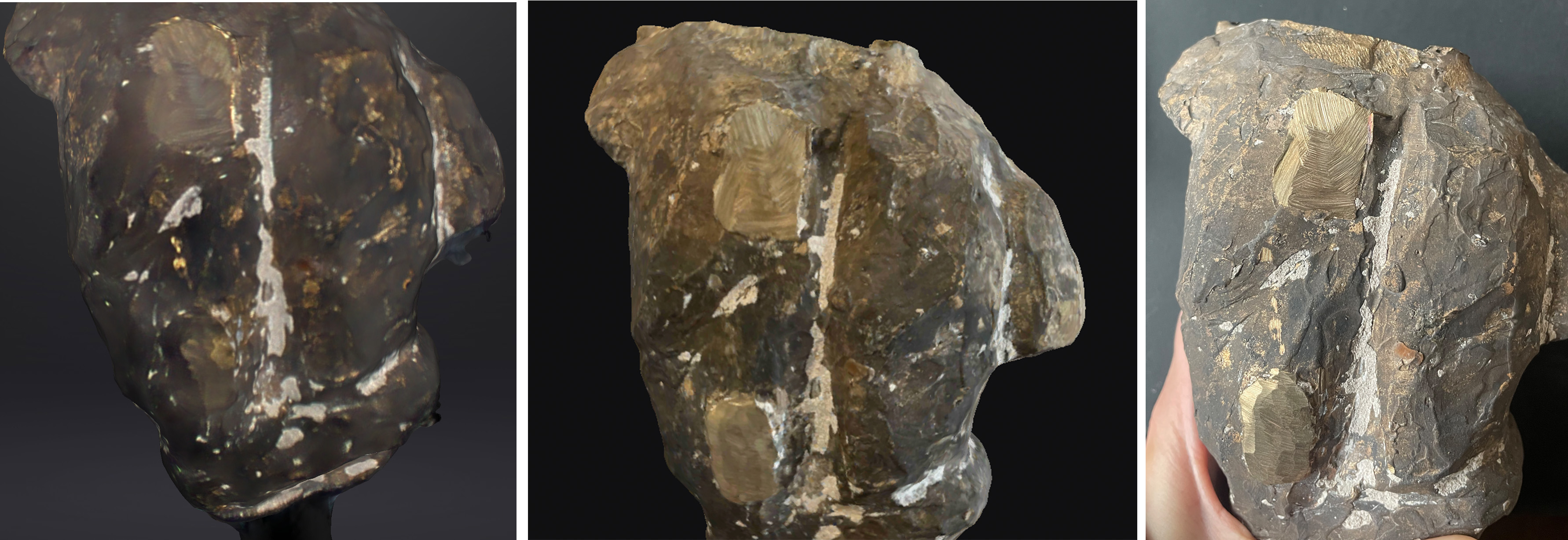 Three views of a slab of material: a photograph of it held in the hand, a photogrammetry image of the slab in high resolution, and a 3D scan of the object with slightly less resolution.