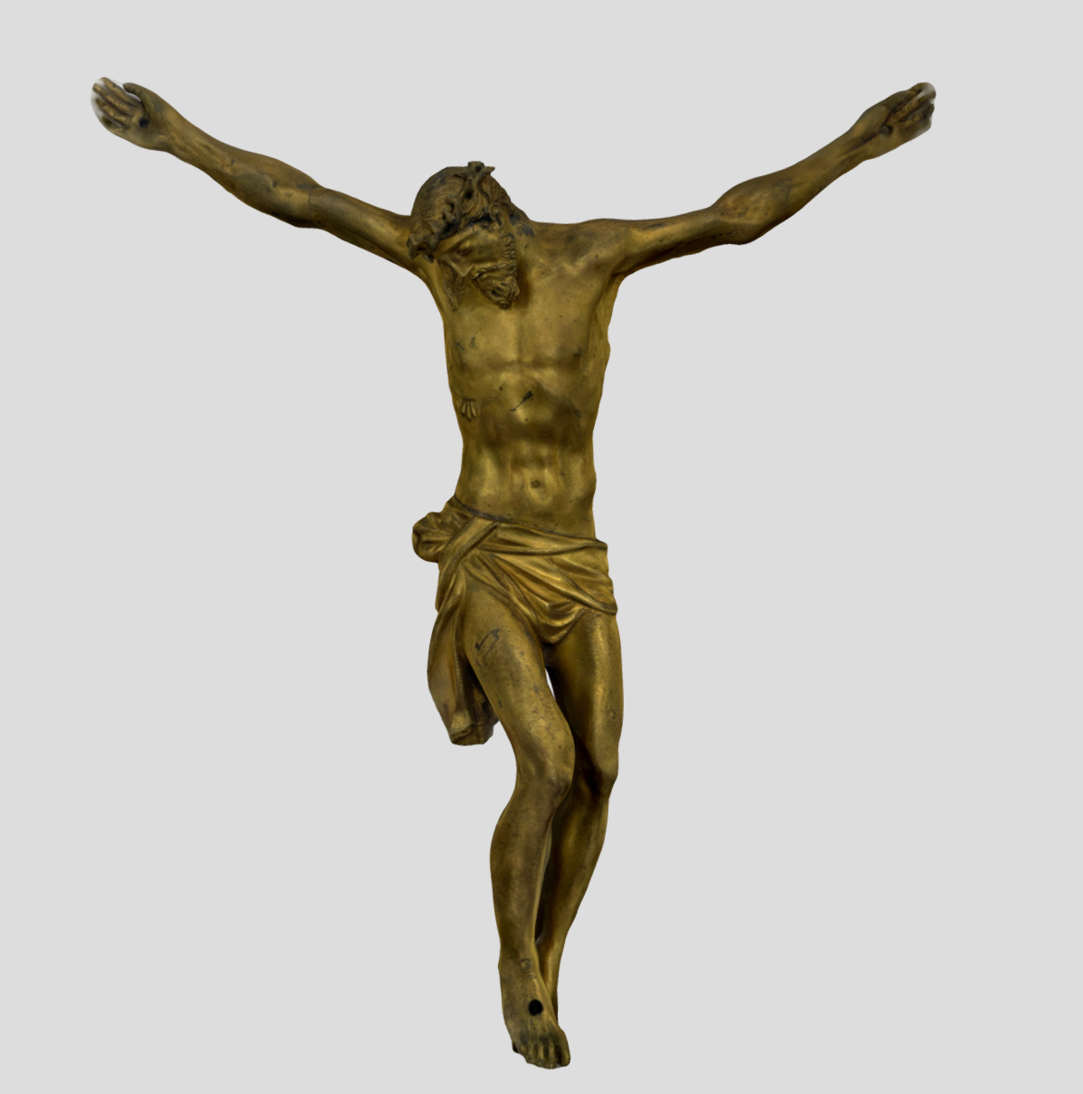 Still image of a gilt bronze crucifix, captured from a 3D scan of the object.