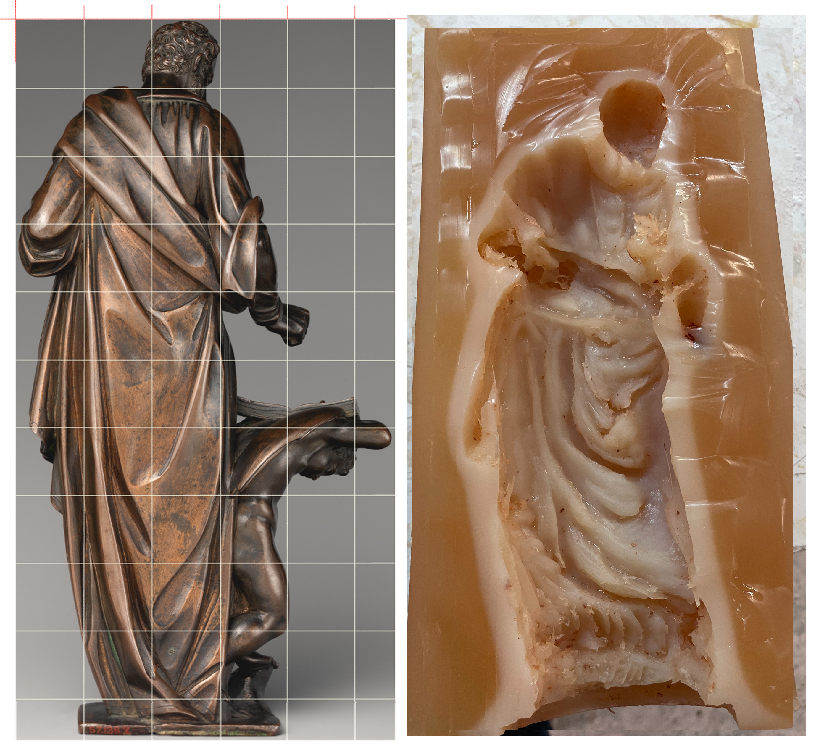 The back of a bronze cast of a robed figure, next to an impression of that figure left in a wax block.