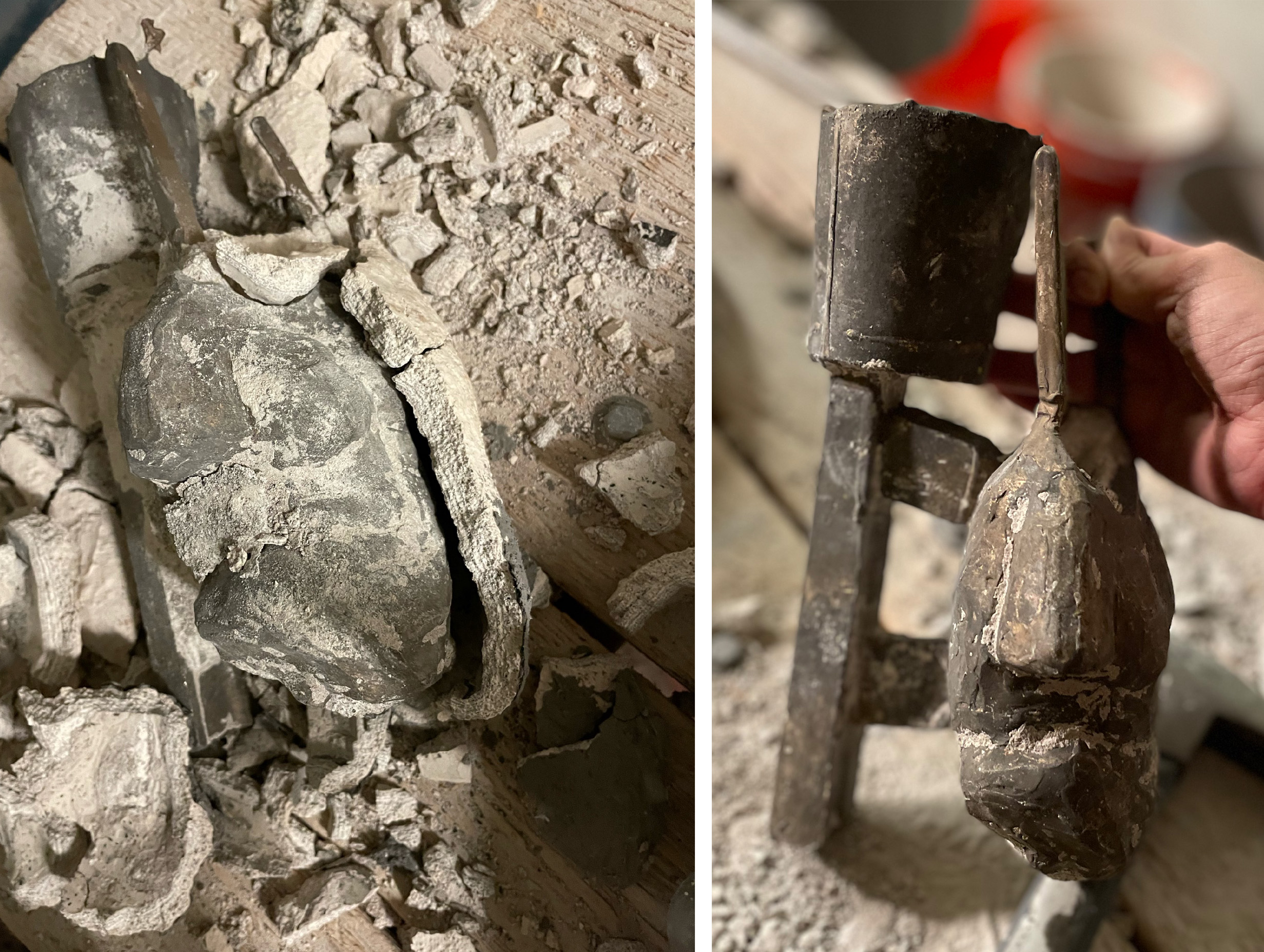 Two side-by-side photos: one of material crumbling away from a sculpture, and another of that sculpture beind held in a hand.